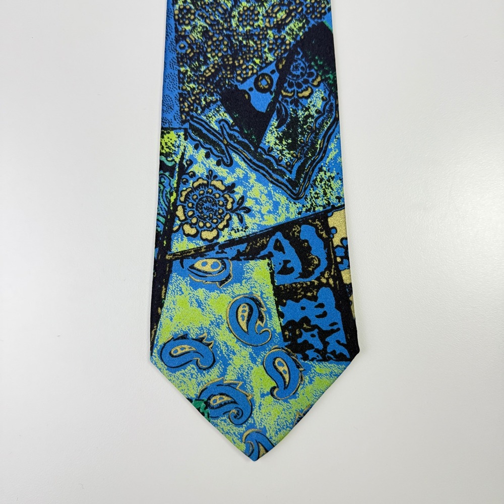 Ameri‎ Handmade Italy 100% Silk Tie Blue Green Abstract Paisley Patchwork 56x3.5